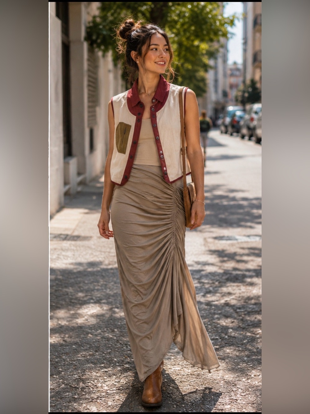 FP Movement by Free People Cream Vest with Burgundy Trim and Olive Patch - Picture 2 of 12